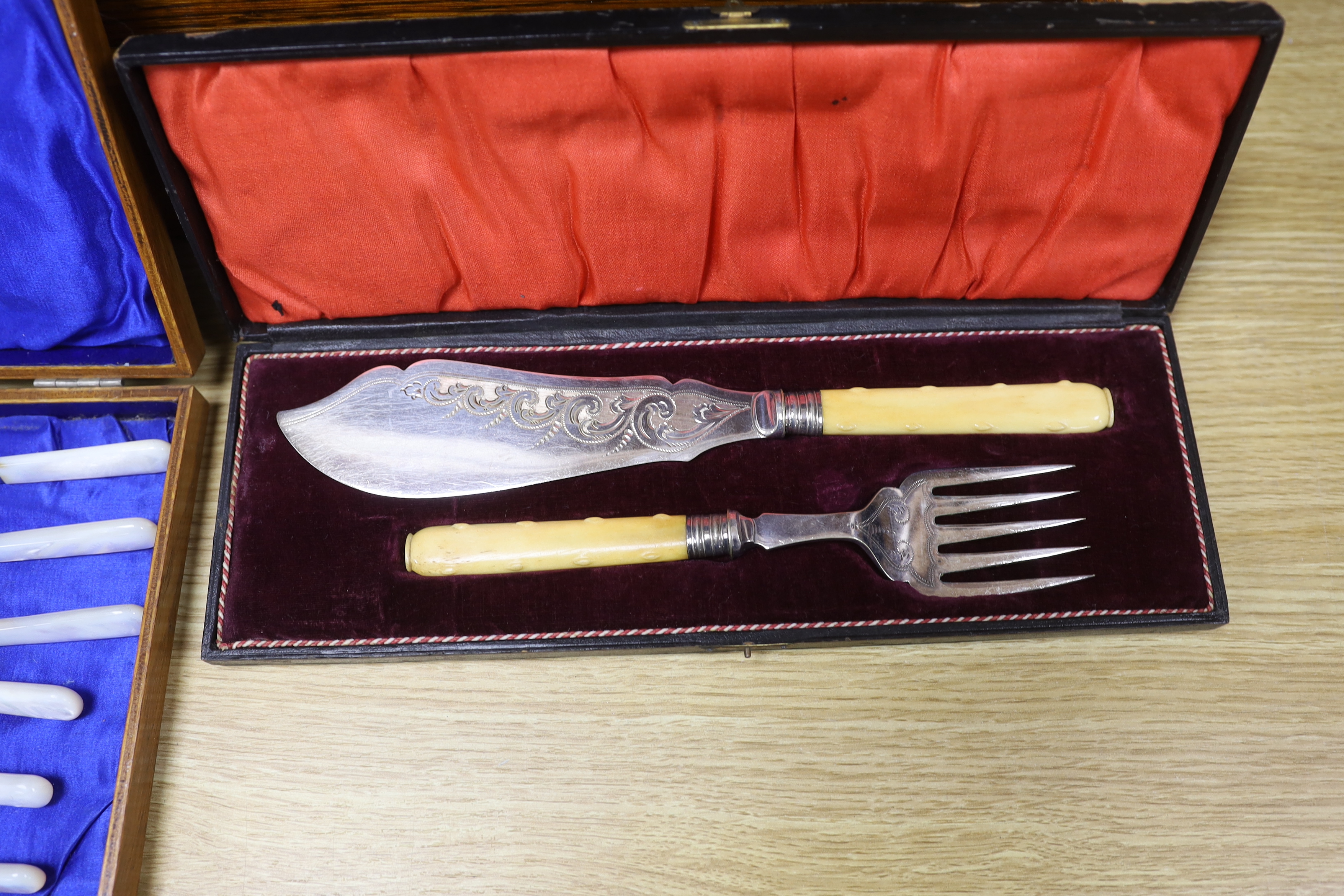 Two oak cased canteens of Old English pattern plated flatware and smaller boxes of cutlery